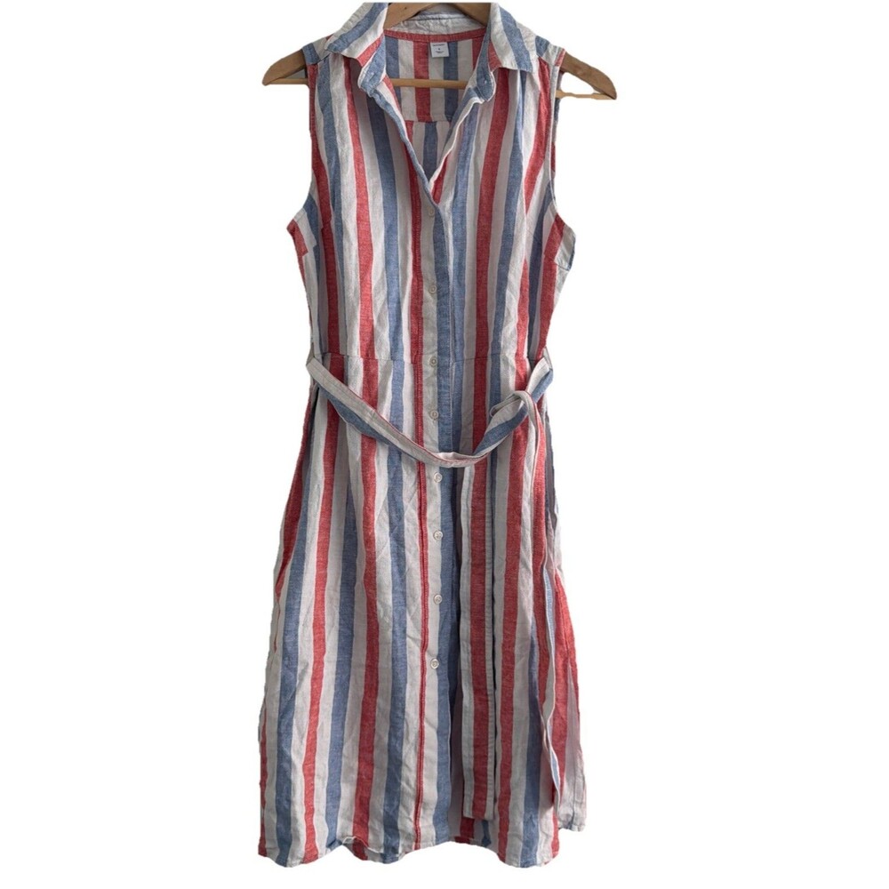 Old Navy Shirt Dress Women’s Small Linen Blend Stripe Beach 4th July Belted NWT